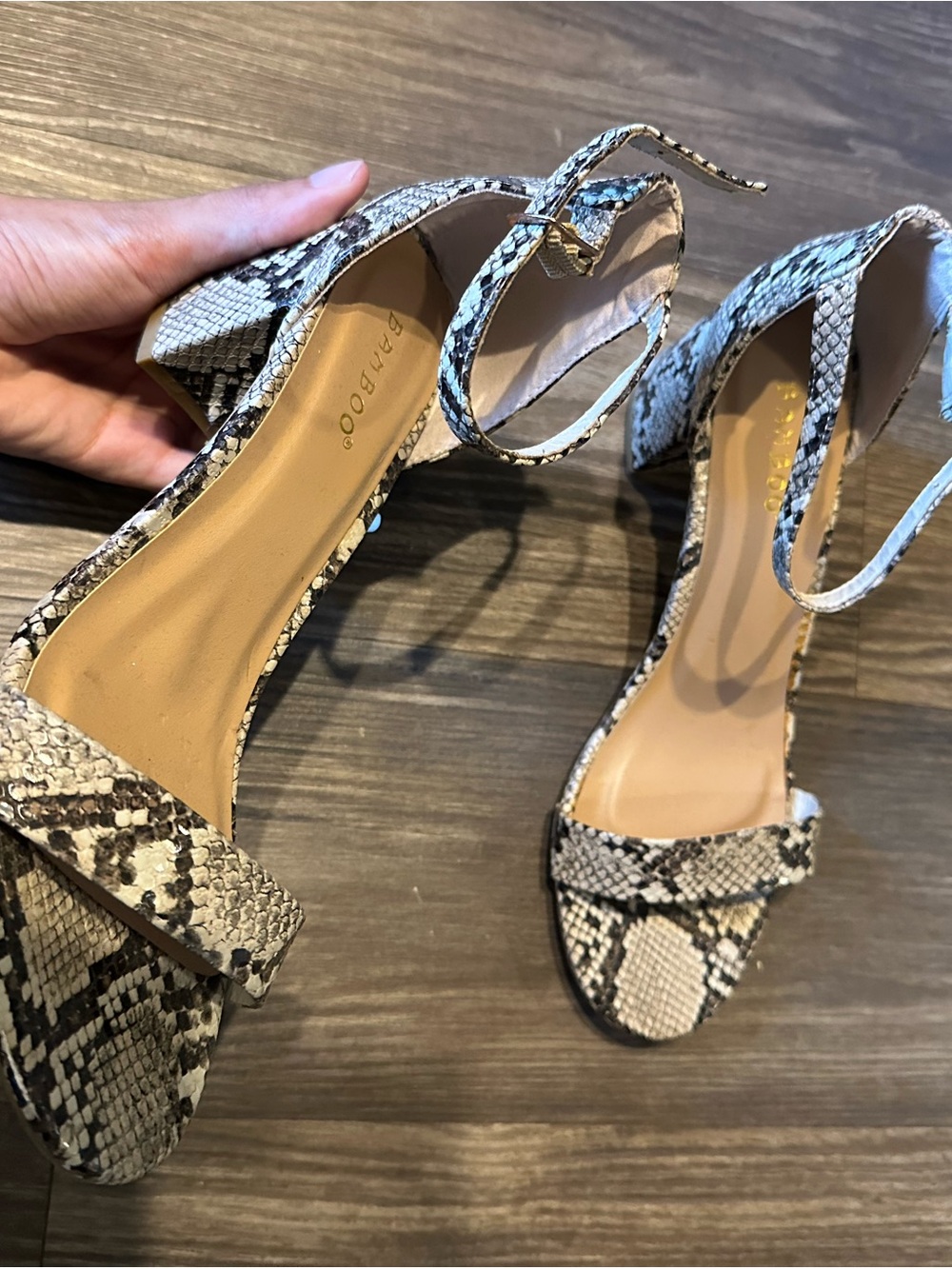 Snake-Print Ankle Strap Block Heel Sandals - Natural